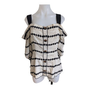 Derek Lam 10 Crosby Size 6 Off The Shoulder Top Blouse White Black Polka Dot